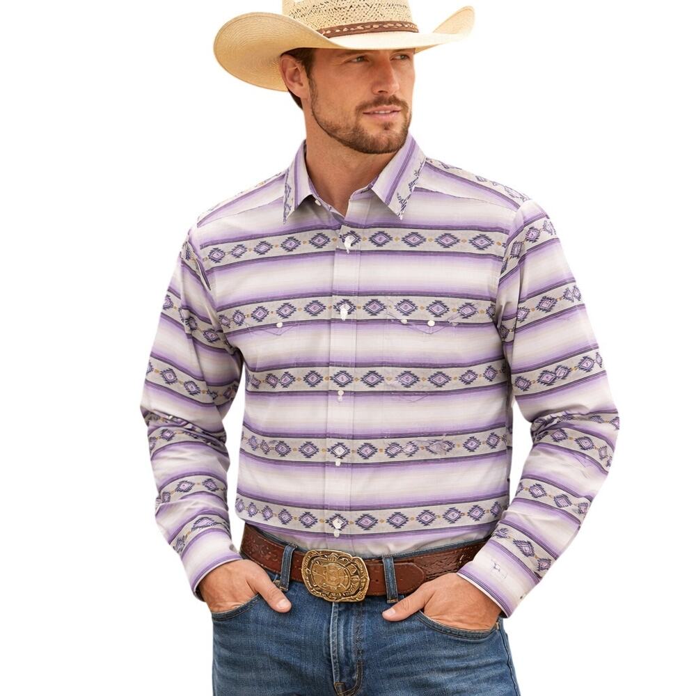 Ariat Men’s Small Purple Western Print Button Down Shirt Cotton